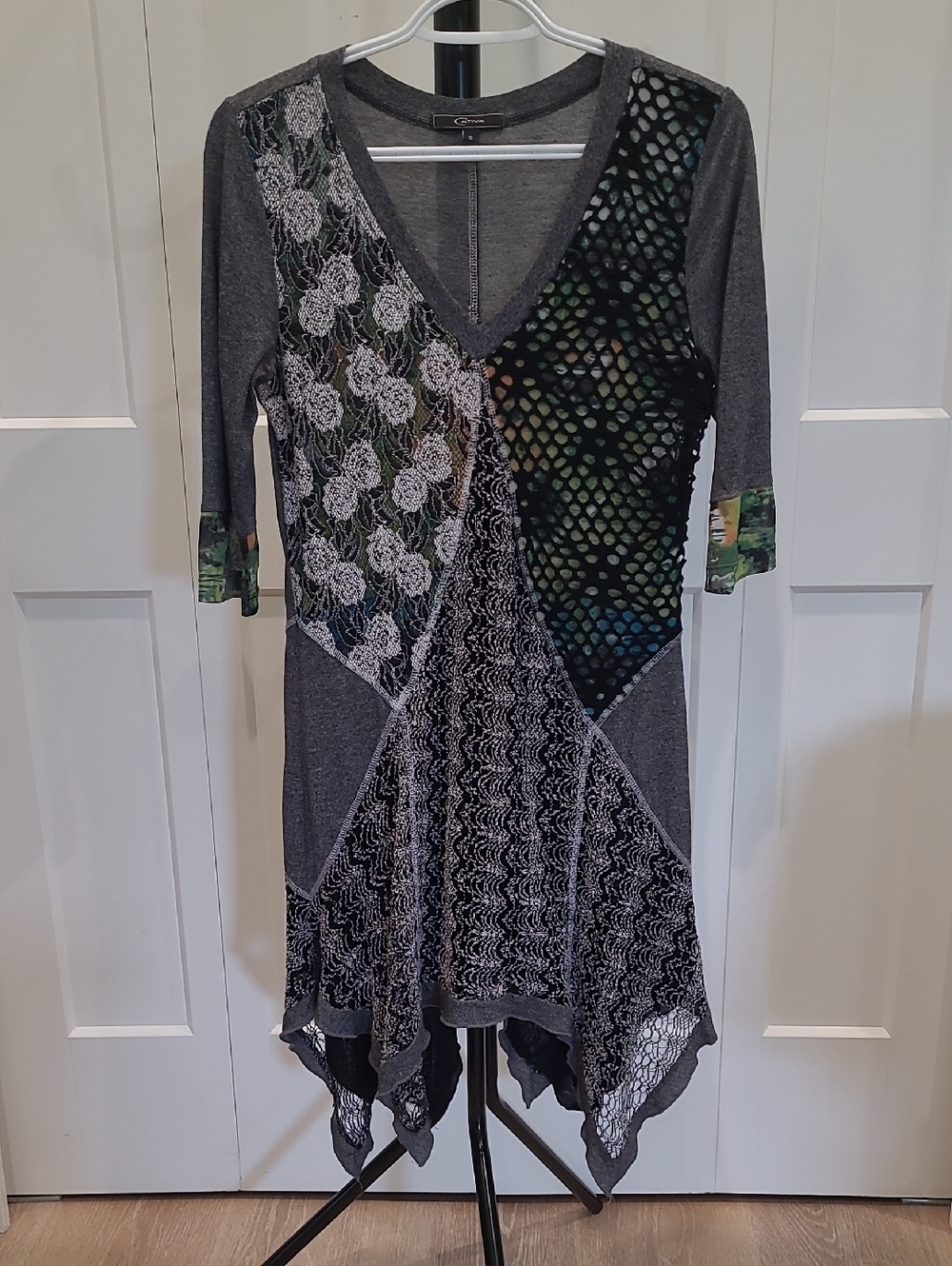 CATIVA Grey Patchwork Asymmetrical Hem Dress with Green Accents